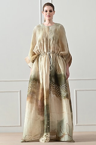 Beige Cotton Linen Printed Dress by Samant Chauhan