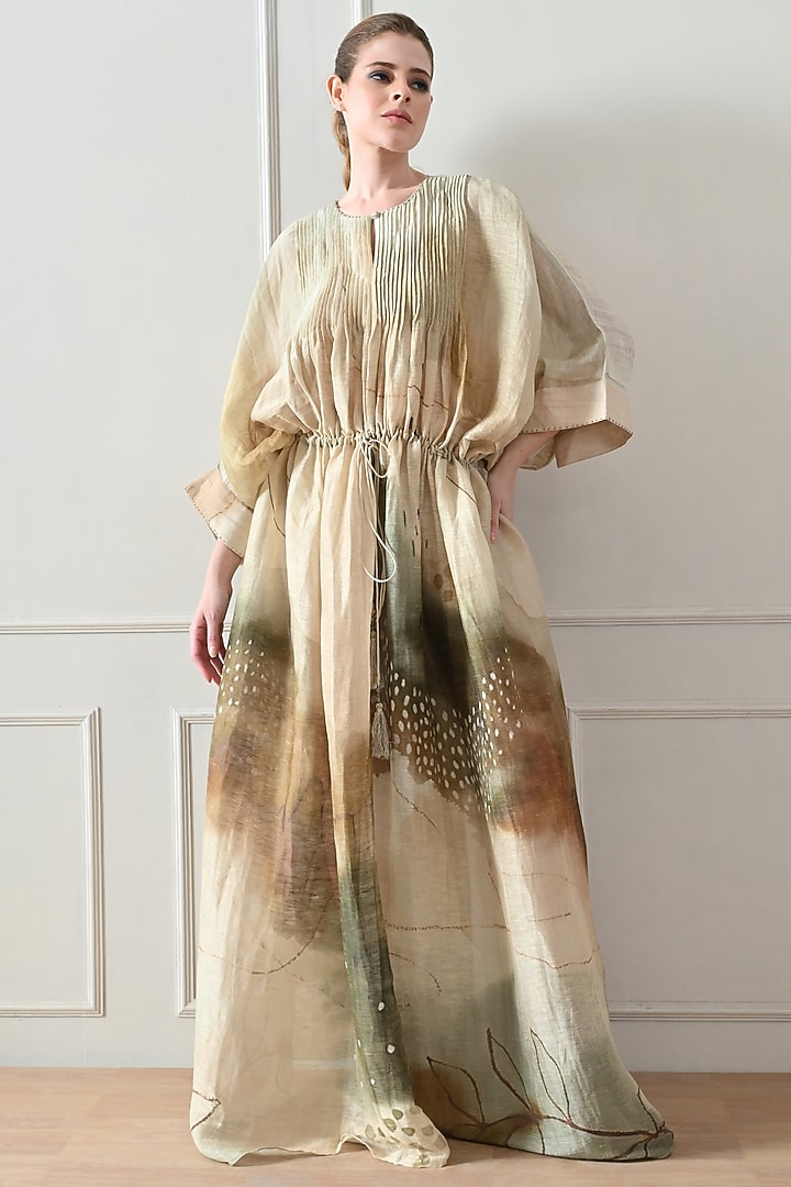 Beige Cotton Linen Printed Cocktail Dress by Samant Chauhan at Pernia's Pop Up Shop