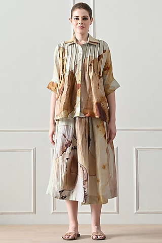 Beige Cotton Linen Printed Skirt Set by Samant Chauhan