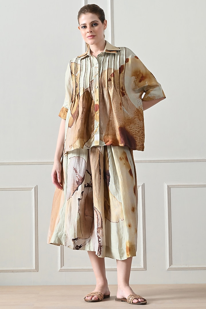 Beige Cotton Linen Printed Skirt Set by Samant Chauhan at Pernia's Pop Up Shop