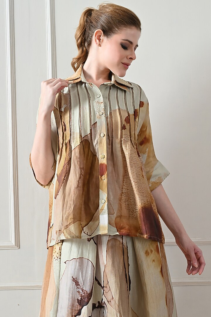 Beige Cotton Linen Printed Skirt Set by Samant Chauhan at Pernia's Pop Up Shop