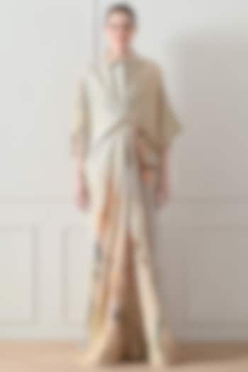 Beige Cotton Linen Printed Draped Cocktail Dress by Samant Chauhan at Pernia's Pop Up Shop