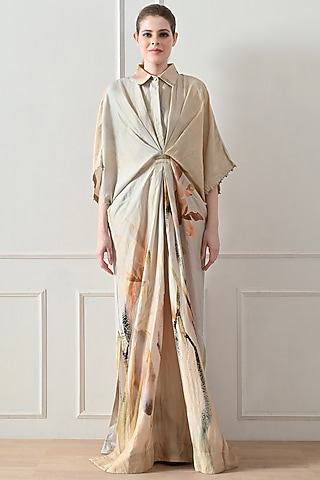 Beige Cotton Linen Printed Draped Dress by Samant Chauhan