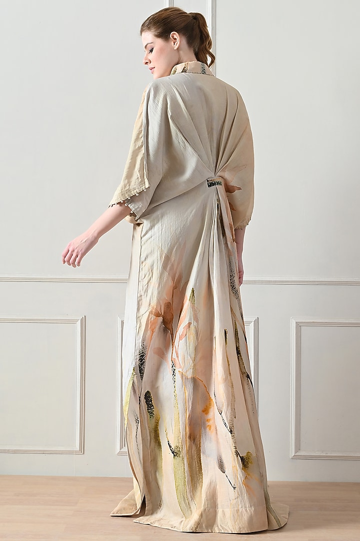Beige Cotton Linen Printed Draped Cocktail Dress by Samant Chauhan at Pernia's Pop Up Shop