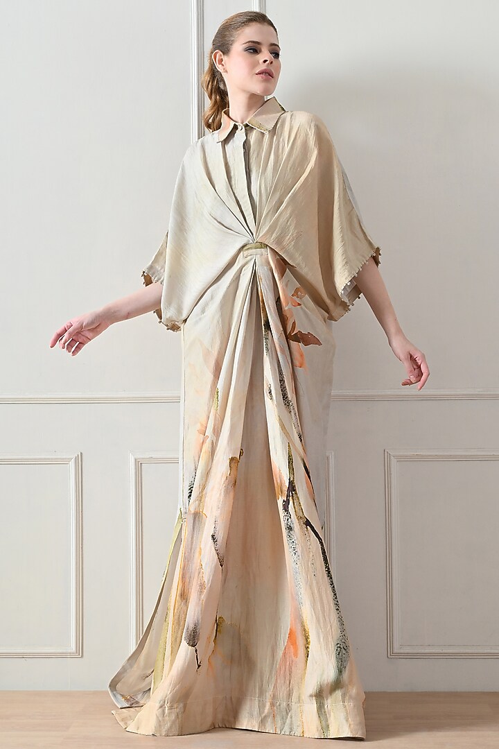 Beige Cotton Linen Printed Draped Cocktail Dress by Samant Chauhan at Pernia's Pop Up Shop