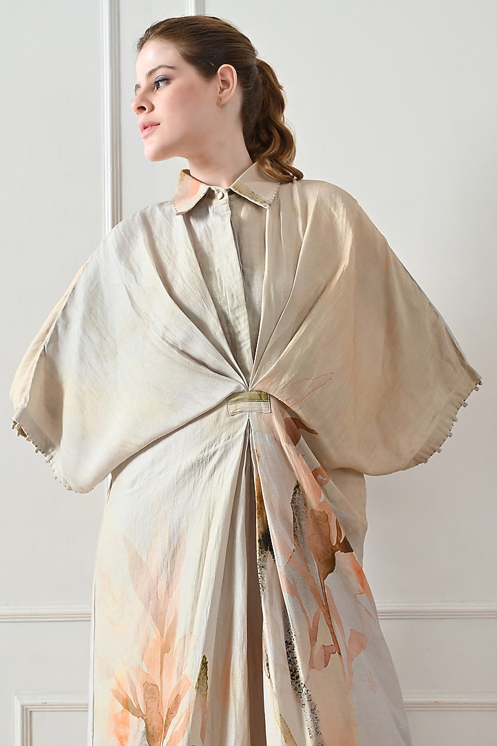 Beige Cotton Linen Printed Draped Cocktail Dress by Samant Chauhan at Pernia's Pop Up Shop