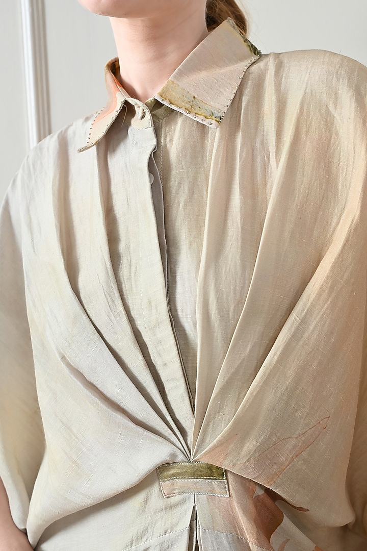 Beige Cotton Linen Printed Draped Cocktail Dress by Samant Chauhan at Pernia's Pop Up Shop