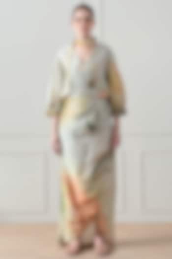 Beige Cotton Linen Printed Draped Vacation Dress by Samant Chauhan at Pernia's Pop Up Shop