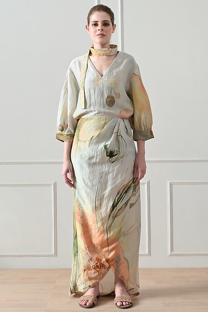 Beige Cotton Linen Printed Draped Vacation Dress by Samant Chauhan at Pernia's Pop Up Shop
