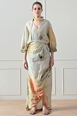 Beige Cotton Linen Printed Draped Dress by Samant Chauhan