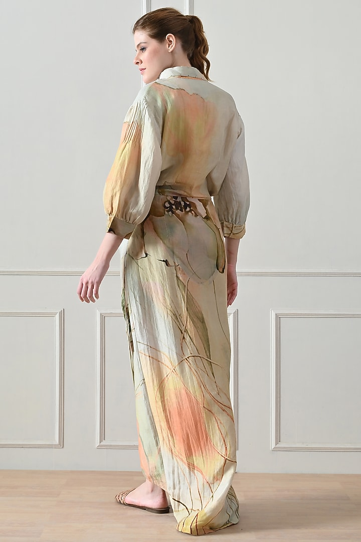Beige Cotton Linen Printed Draped Vacation Dress by Samant Chauhan at Pernia's Pop Up Shop