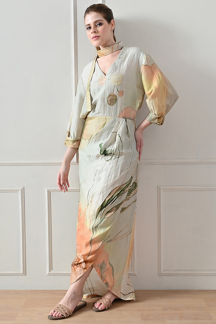 Beige Cotton Linen Printed Draped Vacation Dress by Samant Chauhan at Pernia's Pop Up Shop