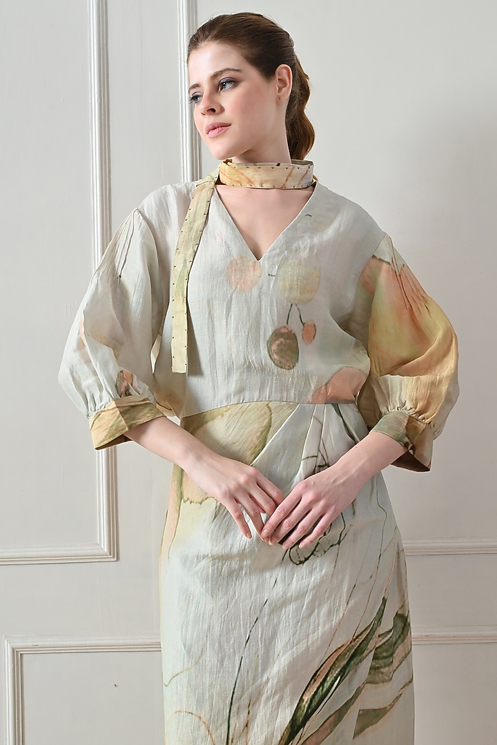 Beige Cotton Linen Printed Draped Vacation Dress by Samant Chauhan at Pernia's Pop Up Shop