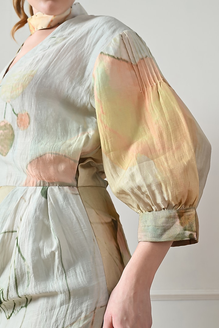 Beige Cotton Linen Printed Draped Vacation Dress by Samant Chauhan at Pernia's Pop Up Shop