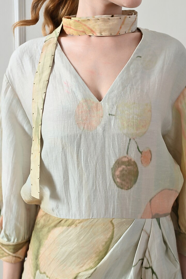 Beige Cotton Linen Printed Draped Vacation Dress by Samant Chauhan at Pernia's Pop Up Shop