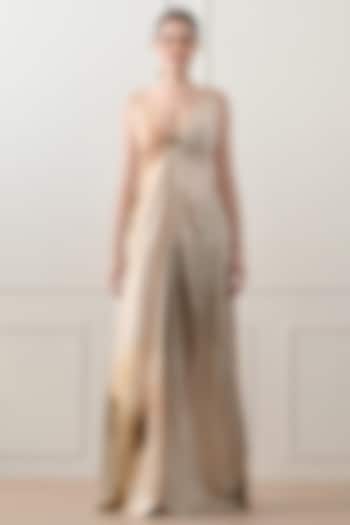 Beige Cotton Linen Printed Draped Party Wear Gown by Samant Chauhan at Pernia's Pop Up Shop