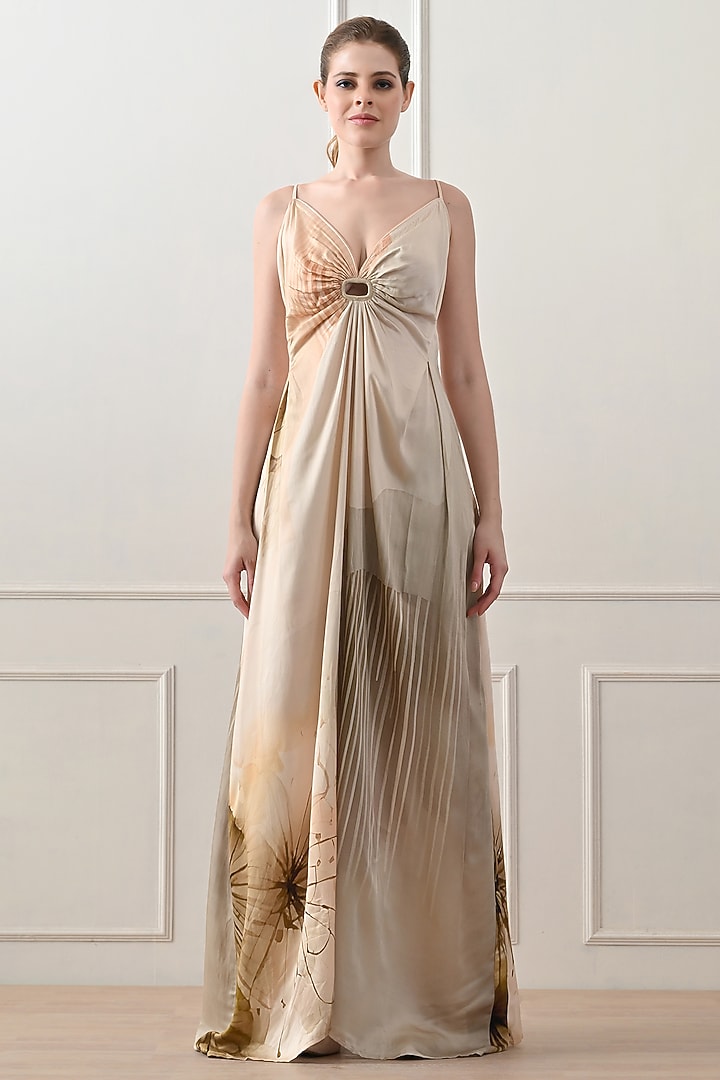 Beige Cotton Linen Printed Draped Party Wear Gown by Samant Chauhan at Pernia's Pop Up Shop