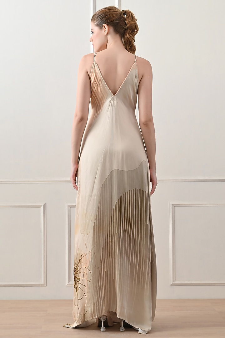 Beige Cotton Linen Printed Draped Party Wear Gown by Samant Chauhan at Pernia's Pop Up Shop