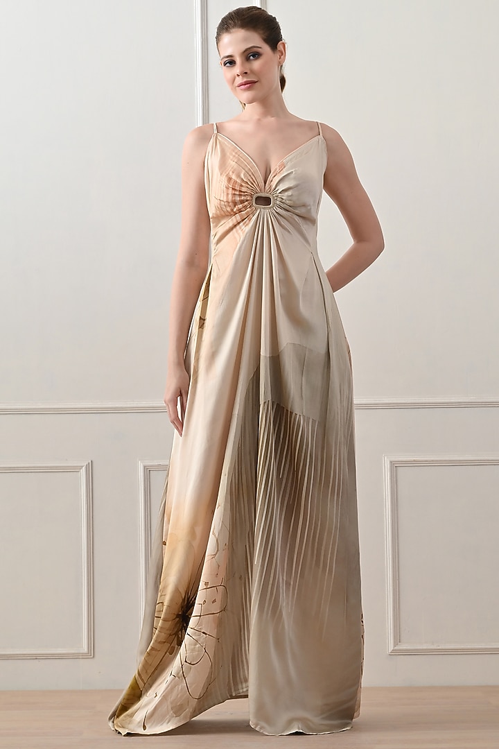 Beige Cotton Linen Printed Draped Party Wear Gown by Samant Chauhan at Pernia's Pop Up Shop
