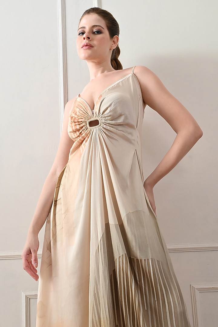 Beige Cotton Linen Printed Draped Party Wear Gown by Samant Chauhan at Pernia's Pop Up Shop