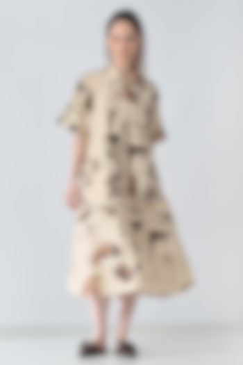 Beige Cotton Earthy Printed Shirt Vacation Dress by Samant Chauhan at Pernia's Pop Up Shop