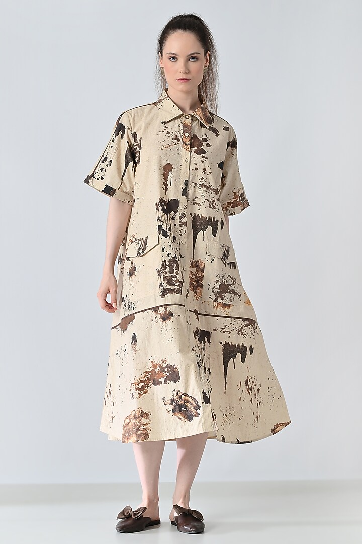 Beige Cotton Earthy Printed Shirt Vacation Dress by Samant Chauhan at Pernia's Pop Up Shop