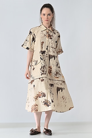 Beige Cotton Earthy Printed Shirt Dress by Samant Chauhan
