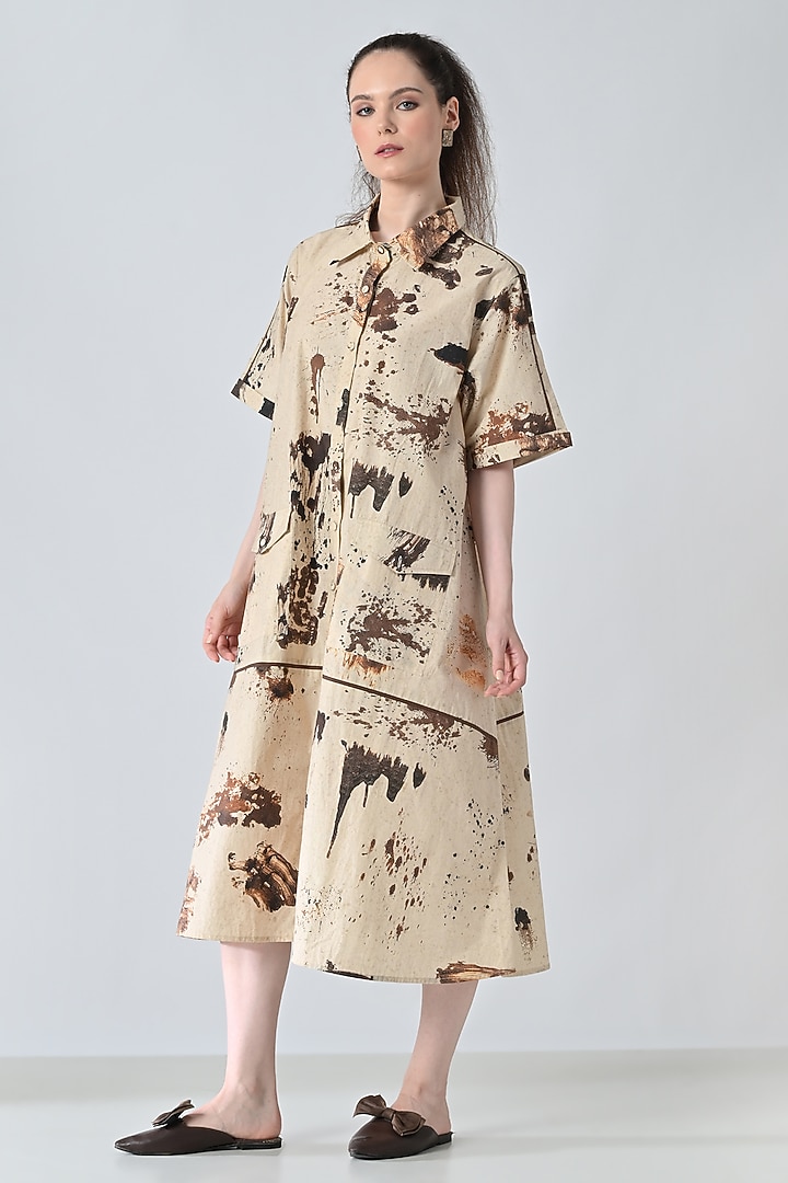 Beige Cotton Earthy Printed Shirt Vacation Dress by Samant Chauhan at Pernia's Pop Up Shop