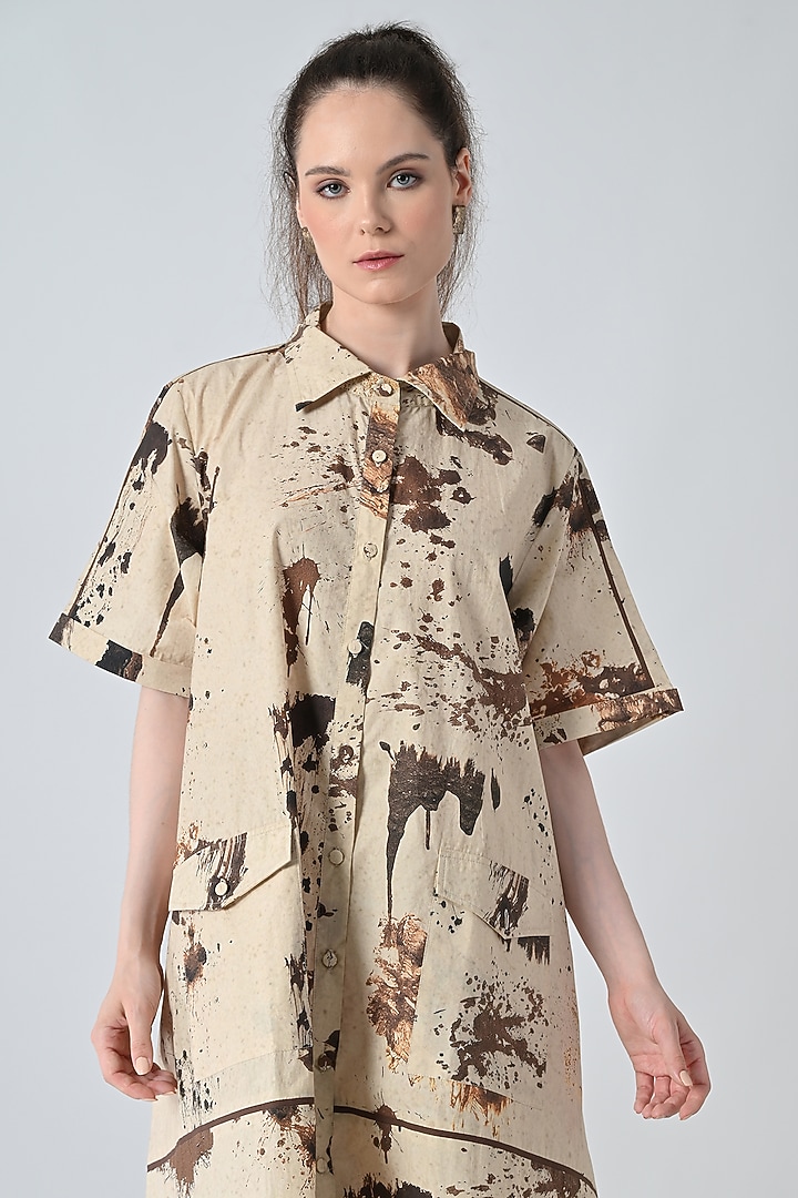Beige Cotton Earthy Printed Shirt Vacation Dress by Samant Chauhan at Pernia's Pop Up Shop