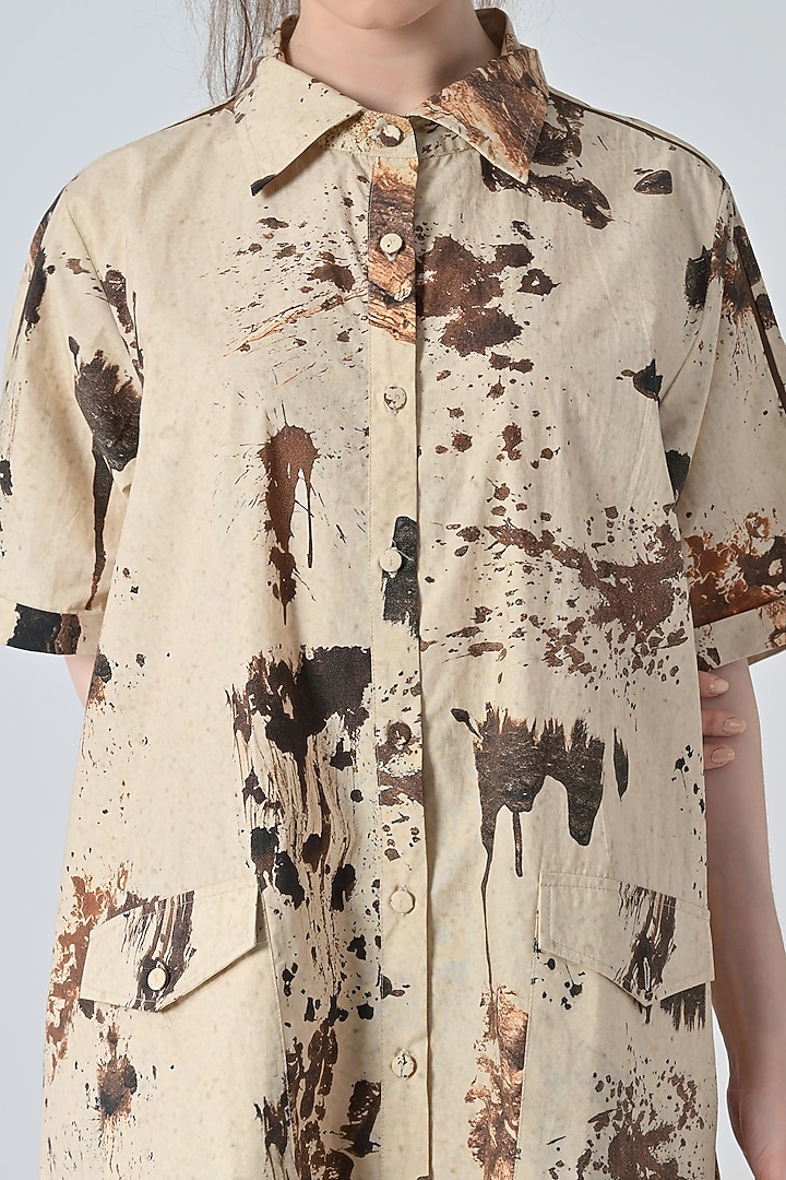 Beige Cotton Earthy Printed Shirt Vacation Dress by Samant Chauhan at Pernia's Pop Up Shop