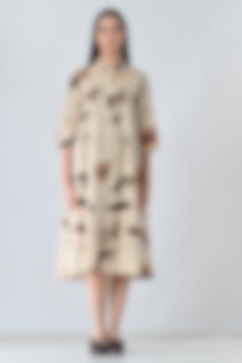 Beige Cotton Sandstone-Printed Midi Vacation Dress by Samant Chauhan at Pernia's Pop Up Shop
