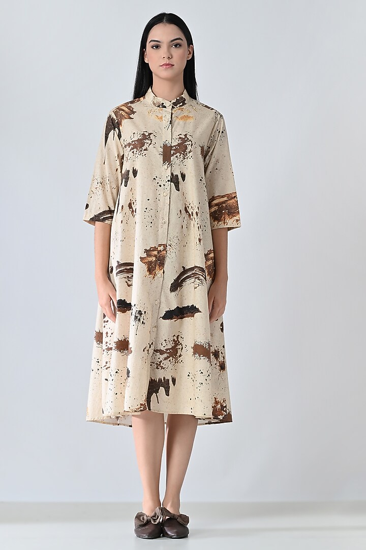 Beige Cotton Sandstone-Printed Midi Vacation Dress by Samant Chauhan at Pernia's Pop Up Shop
