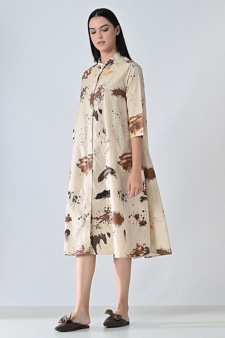 Beige Cotton Sandstone-Printed Midi Vacation Dress by Samant Chauhan at Pernia's Pop Up Shop