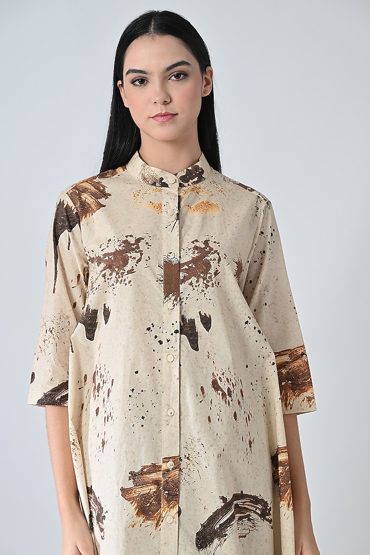 Beige Cotton Sandstone-Printed Midi Vacation Dress by Samant Chauhan at Pernia's Pop Up Shop