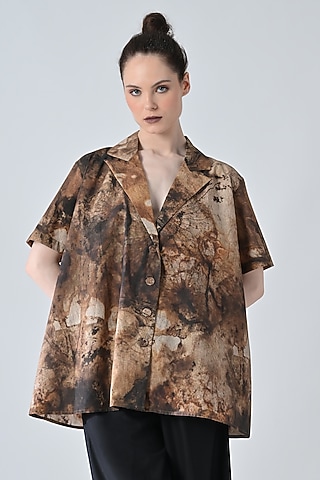 Brown Cotton Brushstroke Printed Oversized Shirt by Samant Chauhan
