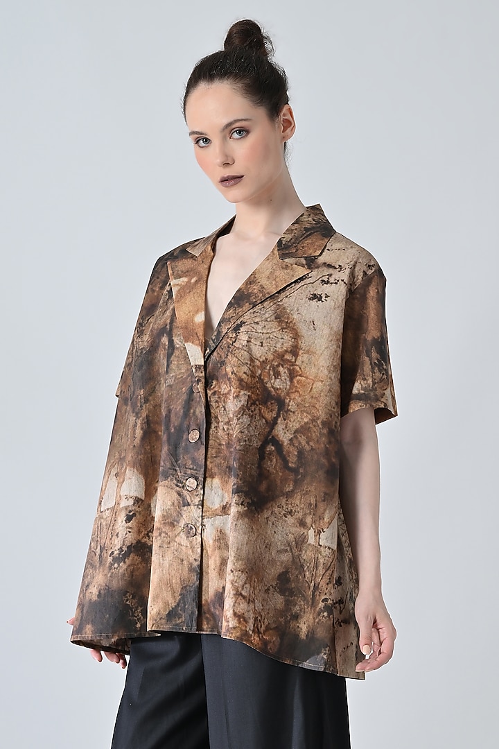 Brown Cotton Brushstroke Printed Oversized Shirt by Samant Chauhan at Pernia's Pop Up Shop