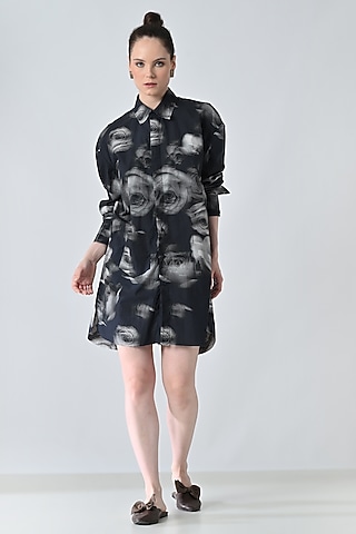 Black Cotton Floral Printed Shirt by Samant Chauhan