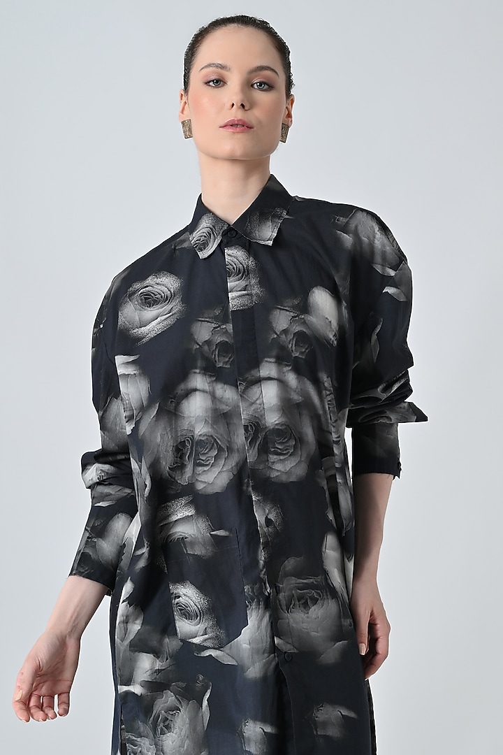 Black Cotton Floral Printed Shirt by Samant Chauhan at Pernia's Pop Up Shop