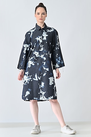 Blue Cotton Abstract Printed Shirt Dress by Samant Chauhan