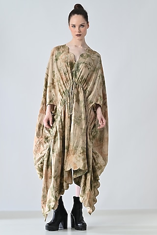 Beige Cotton Printed Kaftan Dress by Samant Chauhan