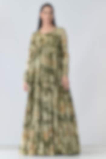 Olive Green Cotton Printed Gathered Maxi Vacation Dress by Samant Chauhan at Pernia's Pop Up Shop