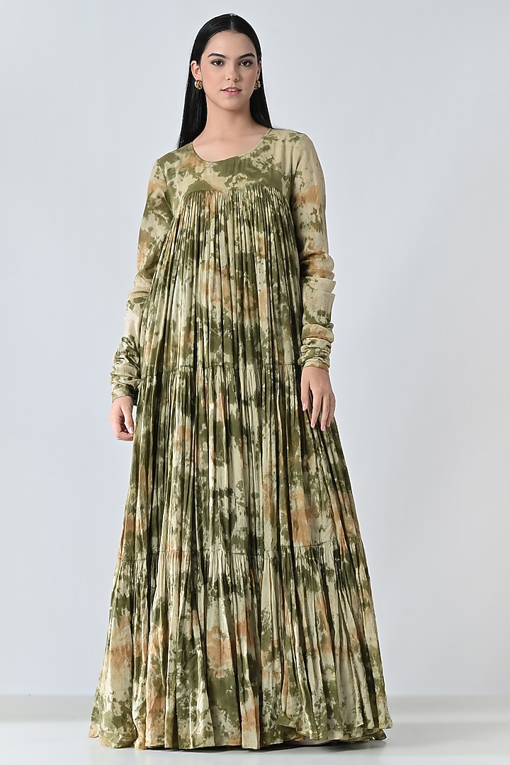 Olive Green Cotton Printed Gathered Maxi Vacation Dress by Samant Chauhan at Pernia's Pop Up Shop