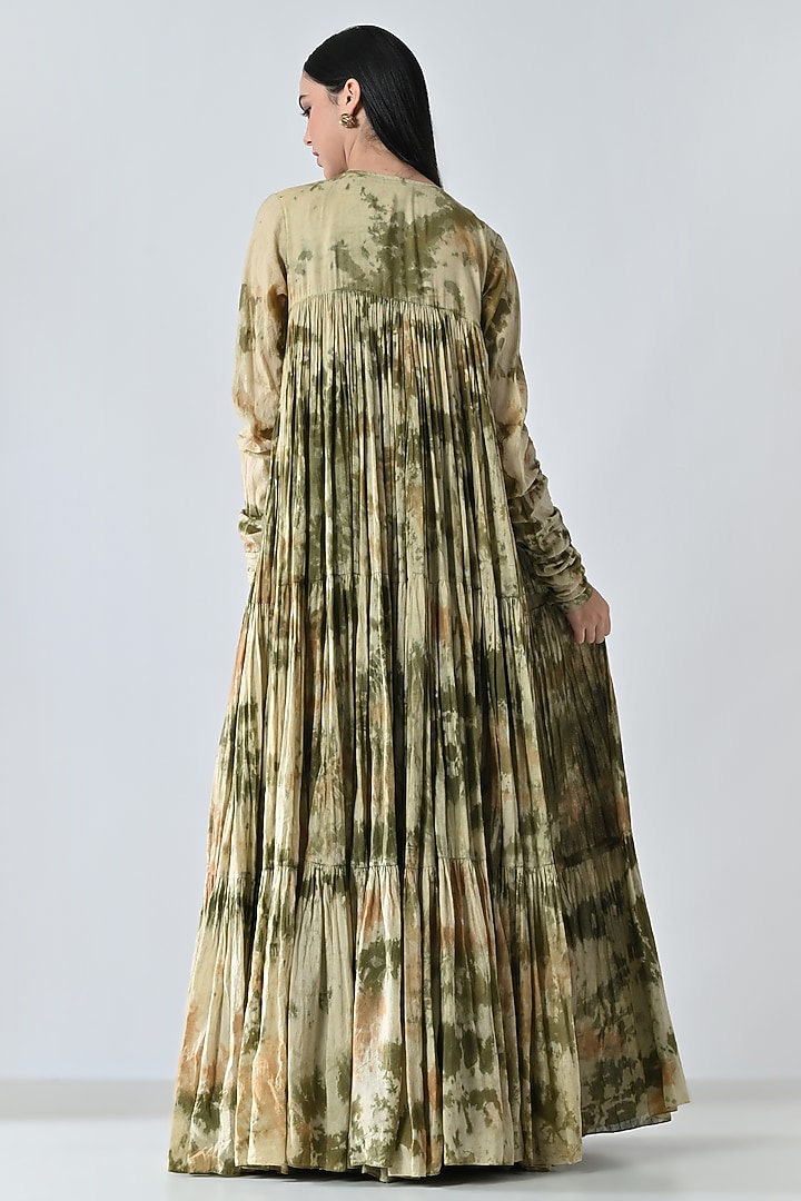Olive Green Cotton Printed Gathered Maxi Vacation Dress by Samant Chauhan at Pernia's Pop Up Shop