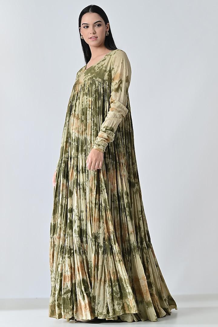 Olive Green Cotton Printed Gathered Maxi Vacation Dress by Samant Chauhan at Pernia's Pop Up Shop