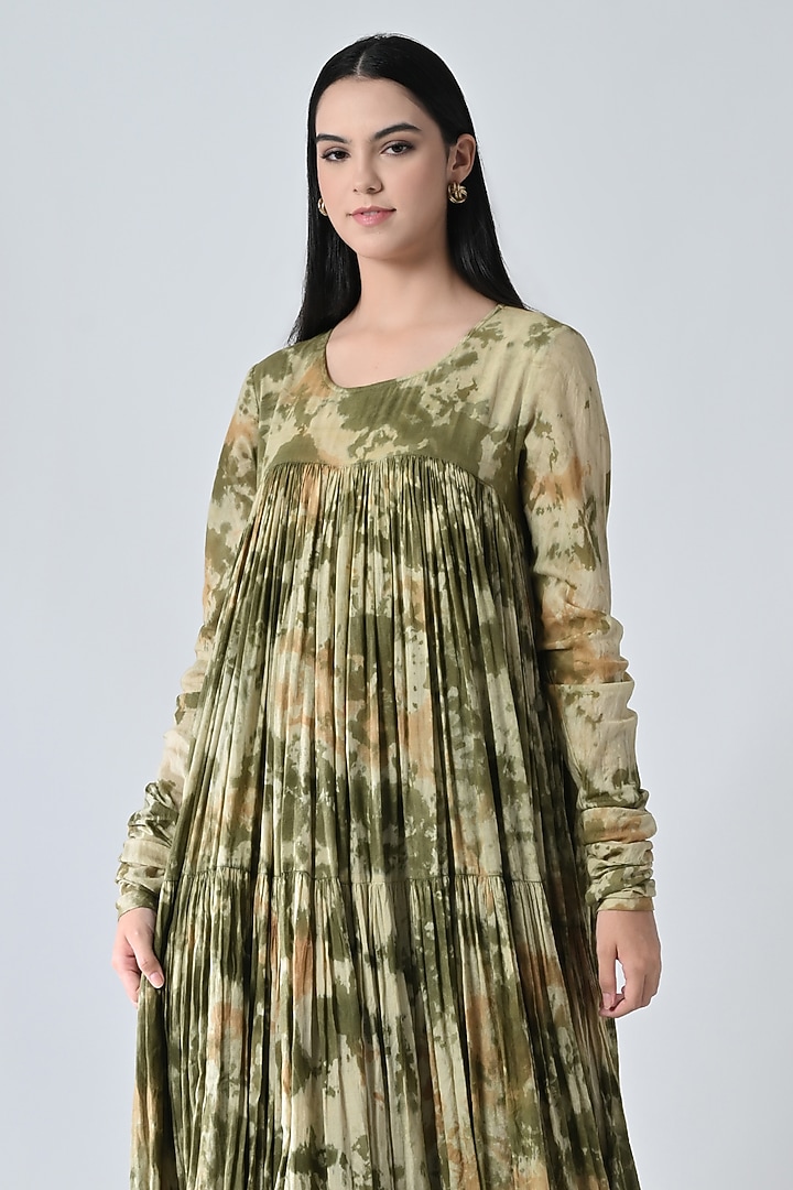 Olive Green Cotton Printed Gathered Maxi Vacation Dress by Samant Chauhan at Pernia's Pop Up Shop