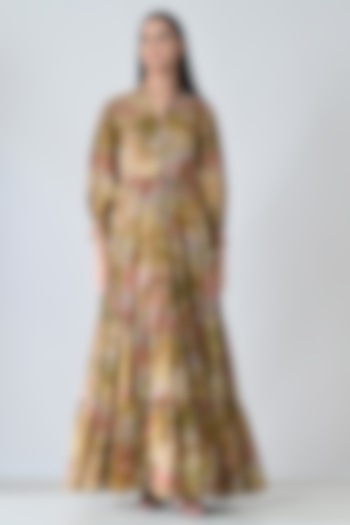 Beige Cotton Floral Printed Gathered Maxi Vacation Dress by Samant Chauhan at Pernia's Pop Up Shop