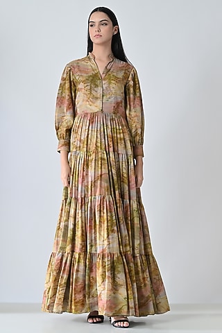 Beige Cotton Floral Printed Gathered Maxi Dress by Samant Chauhan