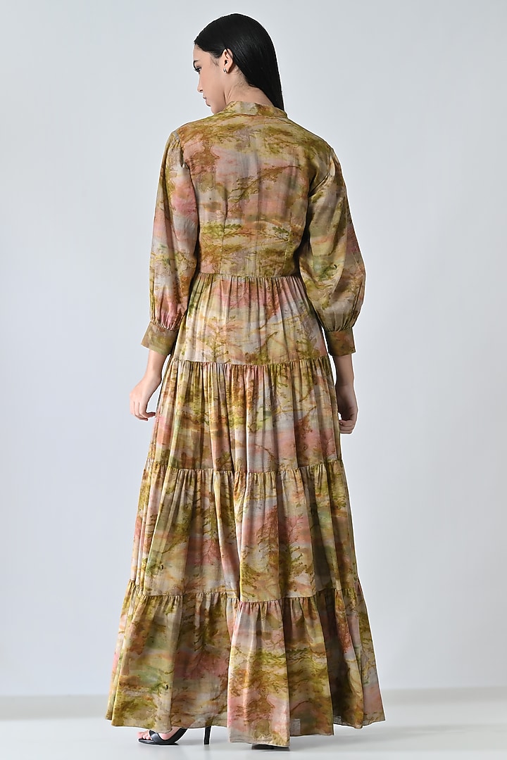 Beige Cotton Floral Printed Gathered Maxi Vacation Dress by Samant Chauhan at Pernia's Pop Up Shop