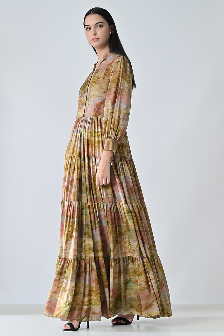 Beige Cotton Floral Printed Gathered Maxi Vacation Dress by Samant Chauhan at Pernia's Pop Up Shop