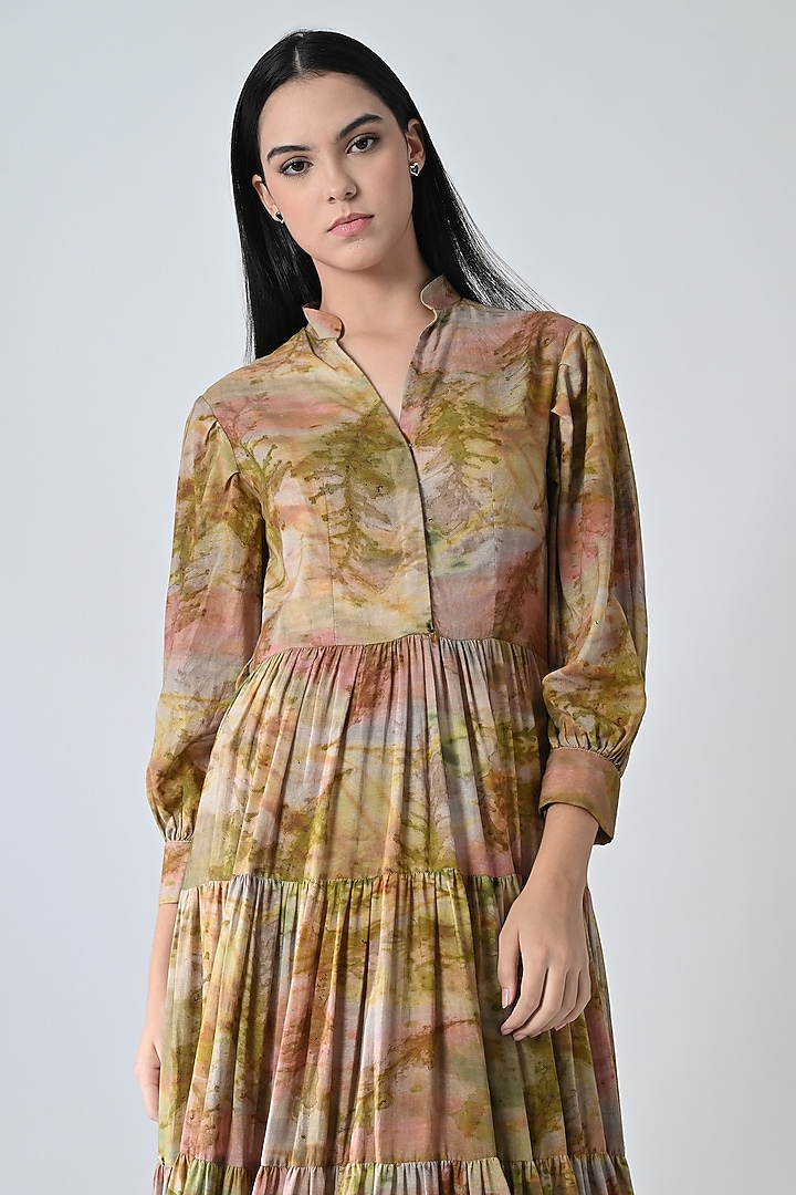 Beige Cotton Floral Printed Gathered Maxi Vacation Dress by Samant Chauhan at Pernia's Pop Up Shop